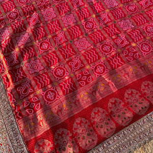 Red Crepe Saree with Silk Blouse with Cutdana, Sequins and Weaving Embroidery 7