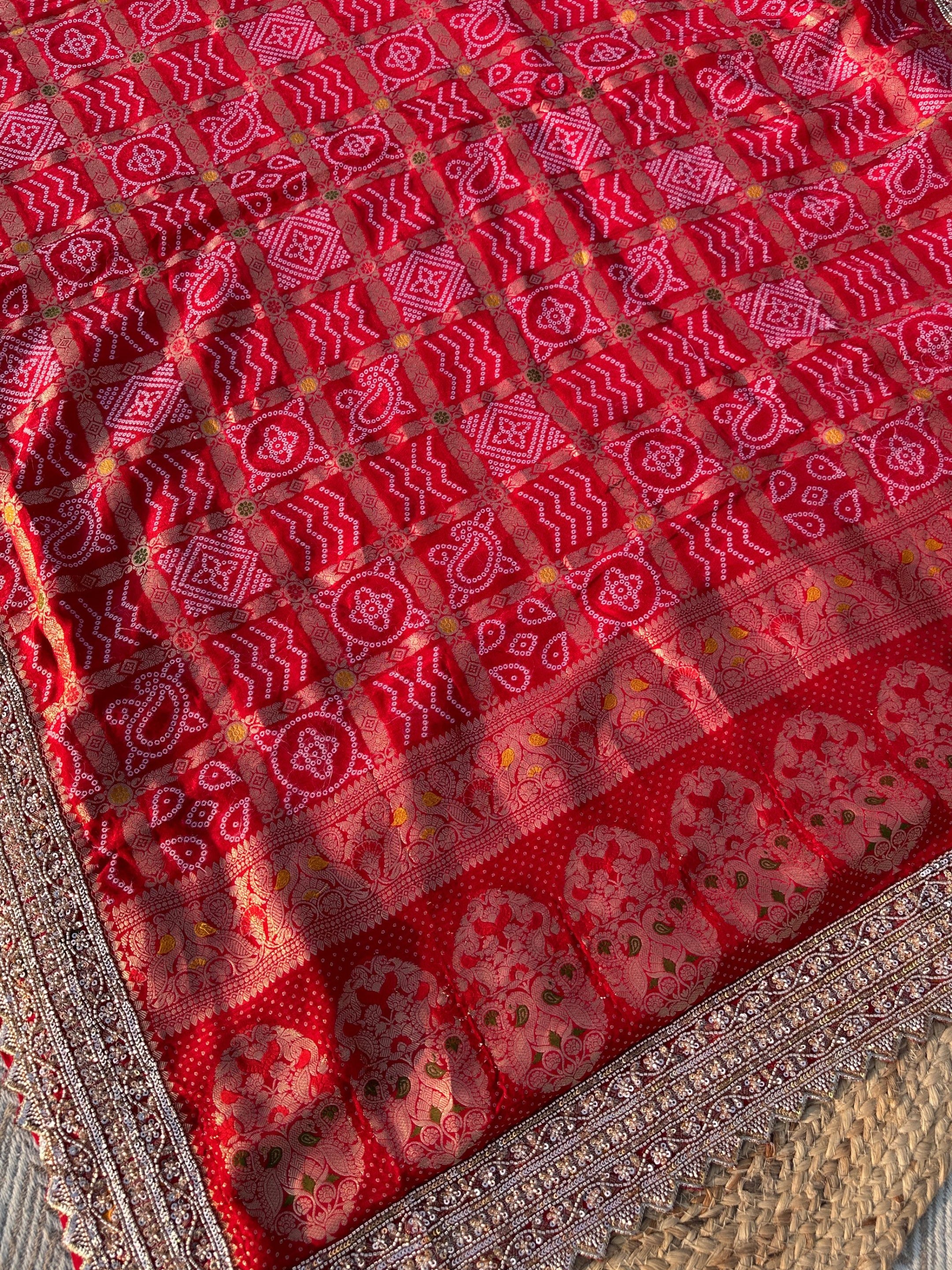 Red Crepe Saree with Silk Blouse with Cutdana, Sequins and Weaving Embroidery 7