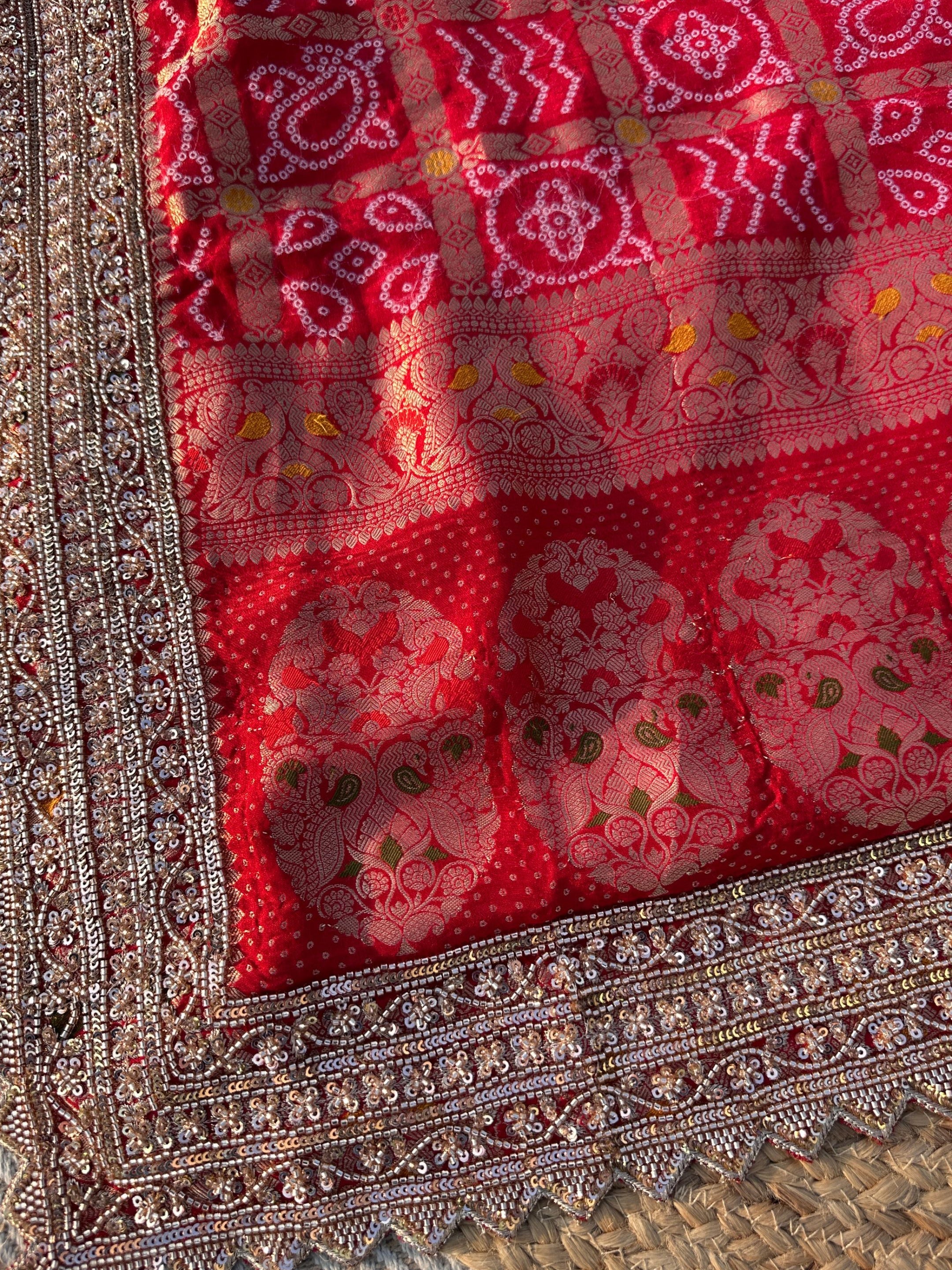 Red Crepe Saree with Silk Blouse with Cutdana, Sequins and Weaving Embroidery 8