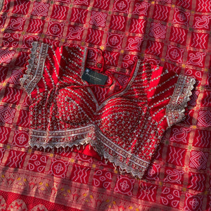Red Crepe Saree with Silk Blouse with Cutdana, Sequins and Weaving Embroidery 9
