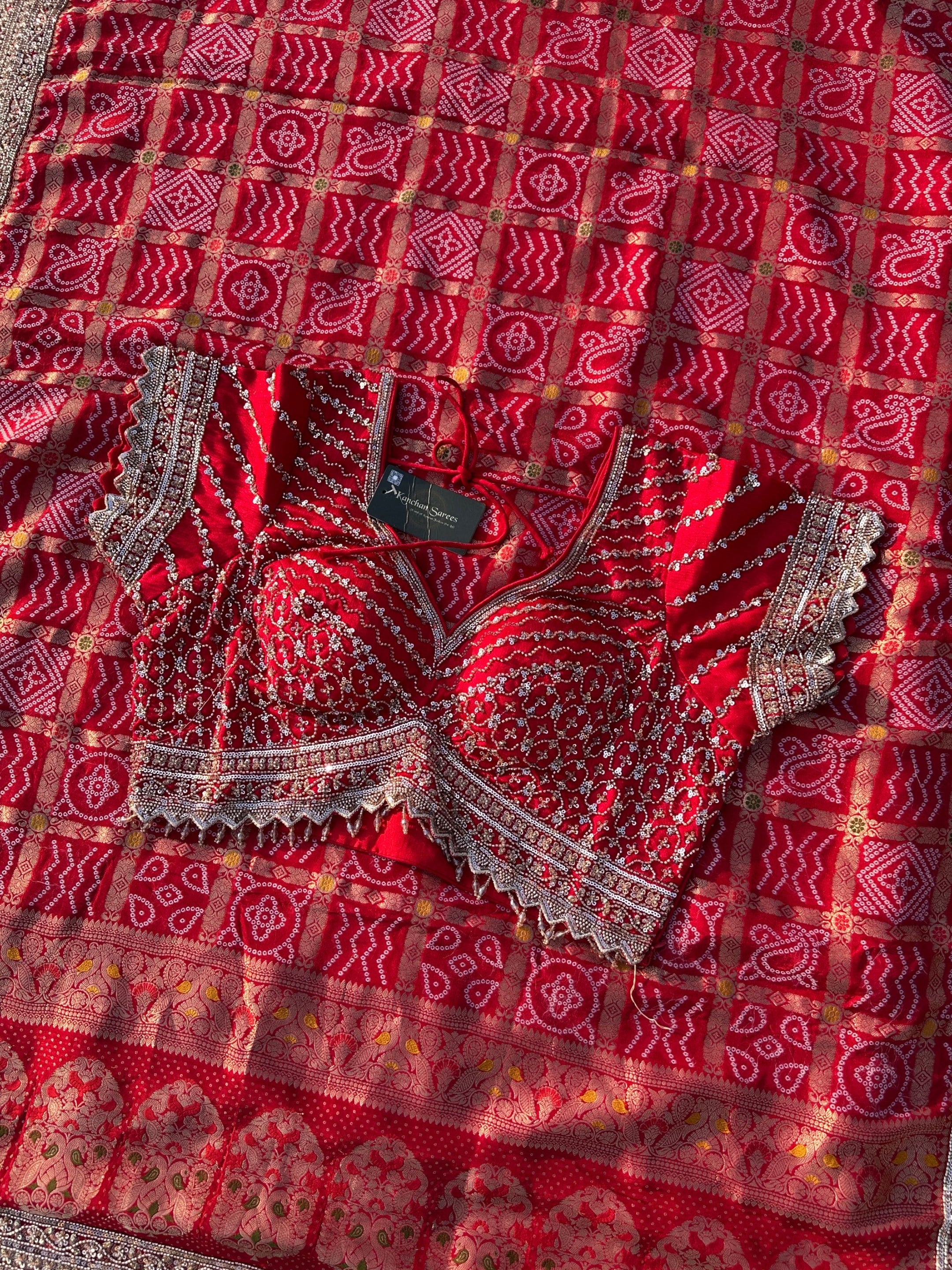 Red Crepe Saree with Silk Blouse with Cutdana, Sequins and Weaving Embroidery 9