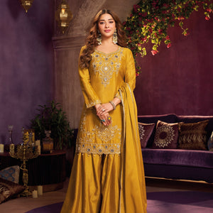 Yellow Chinon Suit Embellished With Cutdana, Sequins & Mirror Work