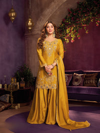 Yellow Chinon Suit Embellished With Cutdana, Sequins & Mirror Work