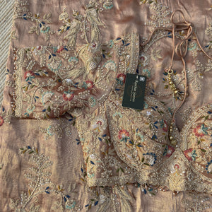 Pink Tissue Saree Embellished With Moti, Thread, Sequins & Cut Dana Work
