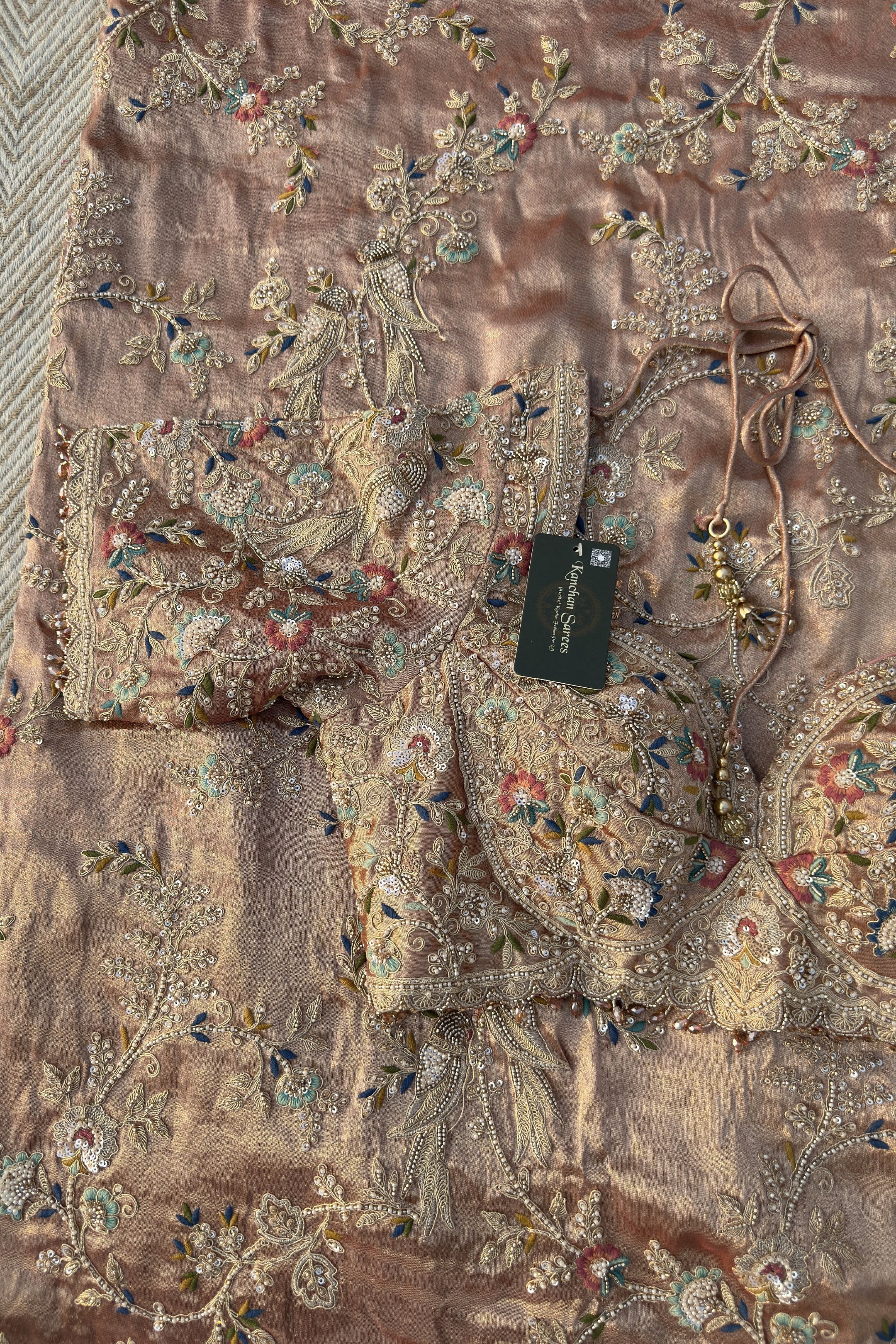 Pink Tissue Saree Embellished With Moti, Thread, Sequins & Cut Dana Work