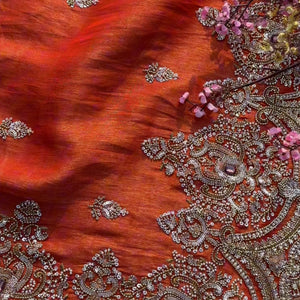 Orange Tissue Saree With Moti, Stone, Cutdana & Zari Work