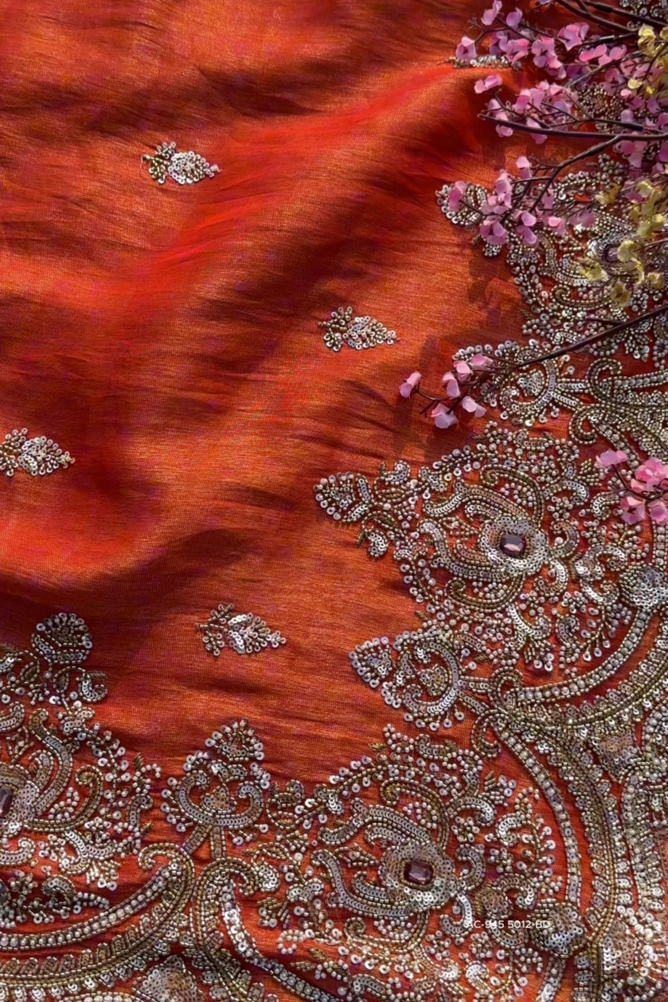 Orange Tissue Saree With Moti, Stone, Cutdana & Zari Work
