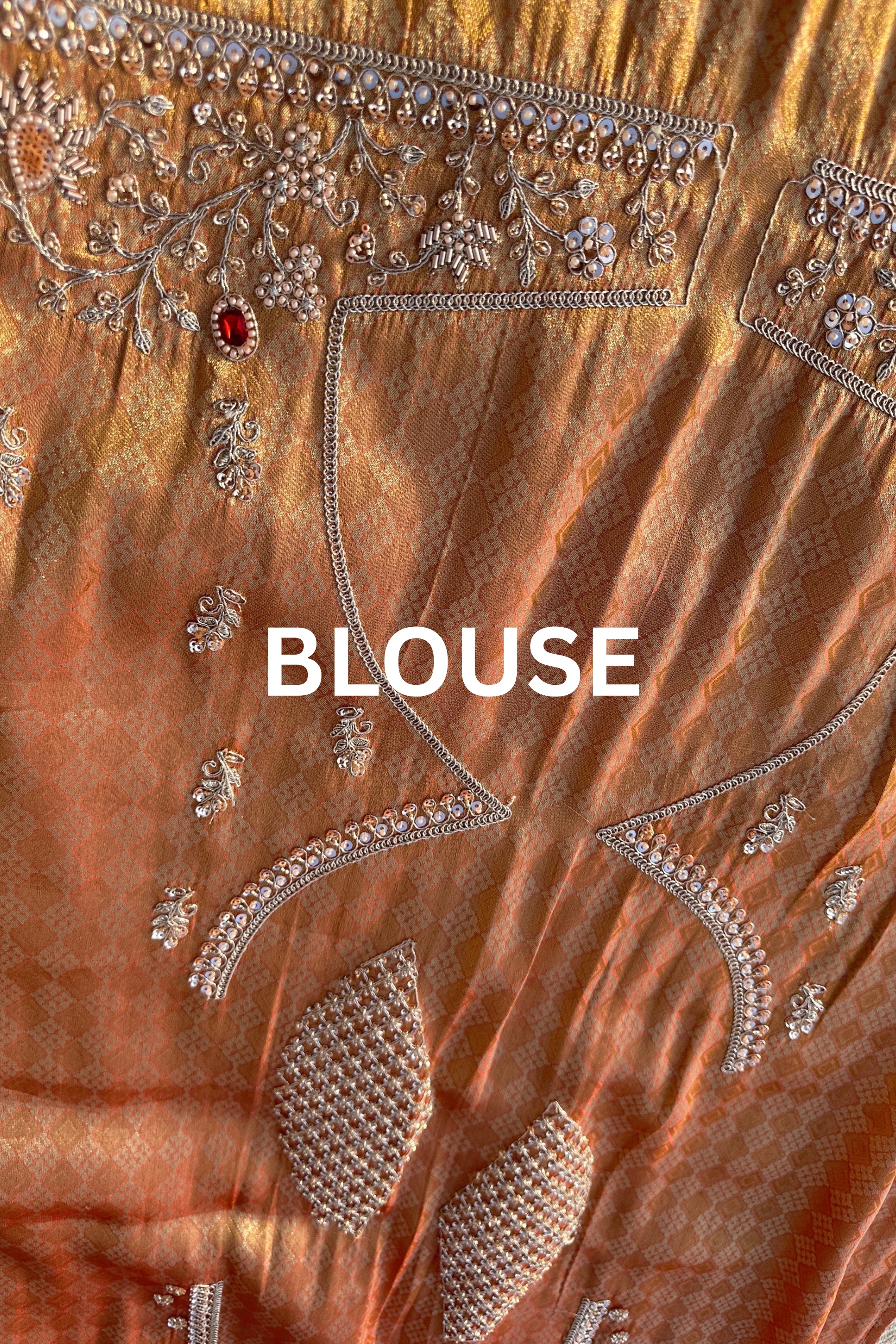 Rust Tissue Unstitched Saree Embellished With Moti, Sequins, Dabka & Cutdana
