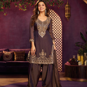 Navy Blue Tissue Suit, Farshi Salwar And Dupatta with Cutdana, Sequins and Zari Work