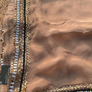 Beige Organza Saree & Net Blouse Embellished With Stone, Moti, Mirror & Kundan Work