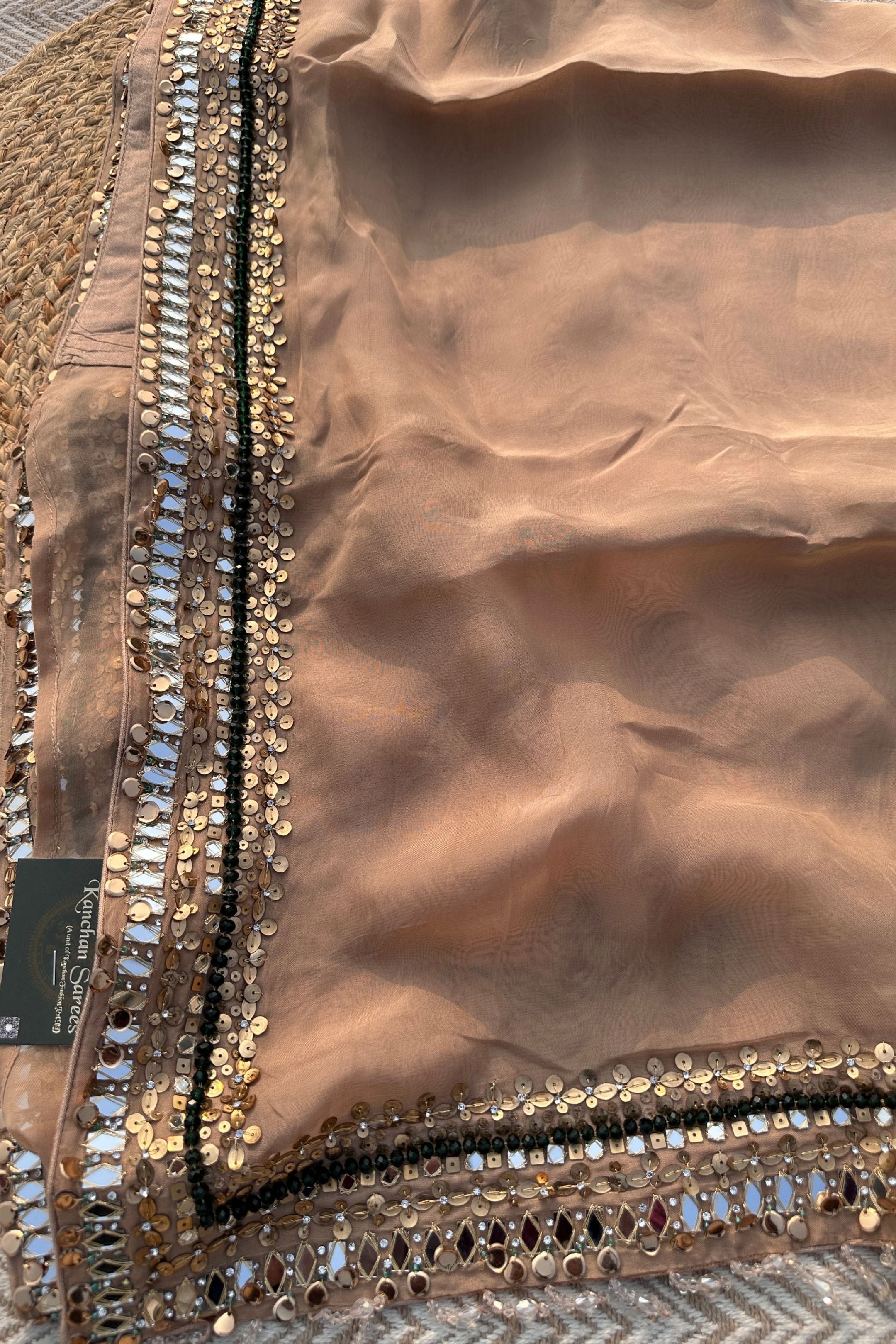 Beige Organza Saree & Net Blouse Embellished With Stone, Moti, Mirror & Kundan Work