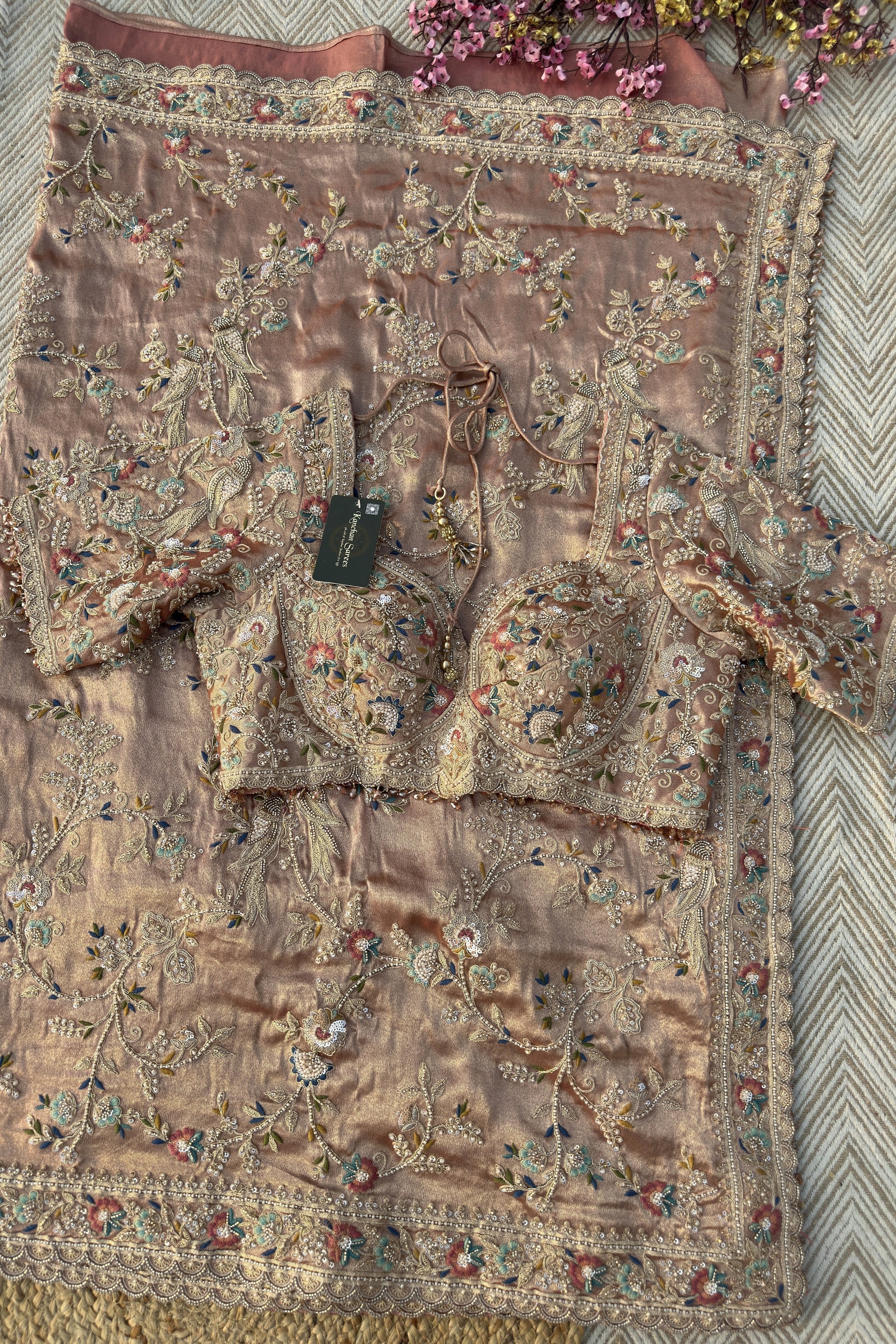 Pink Tissue Saree Embellished With Moti, Thread, Sequins & Cut Dana Work