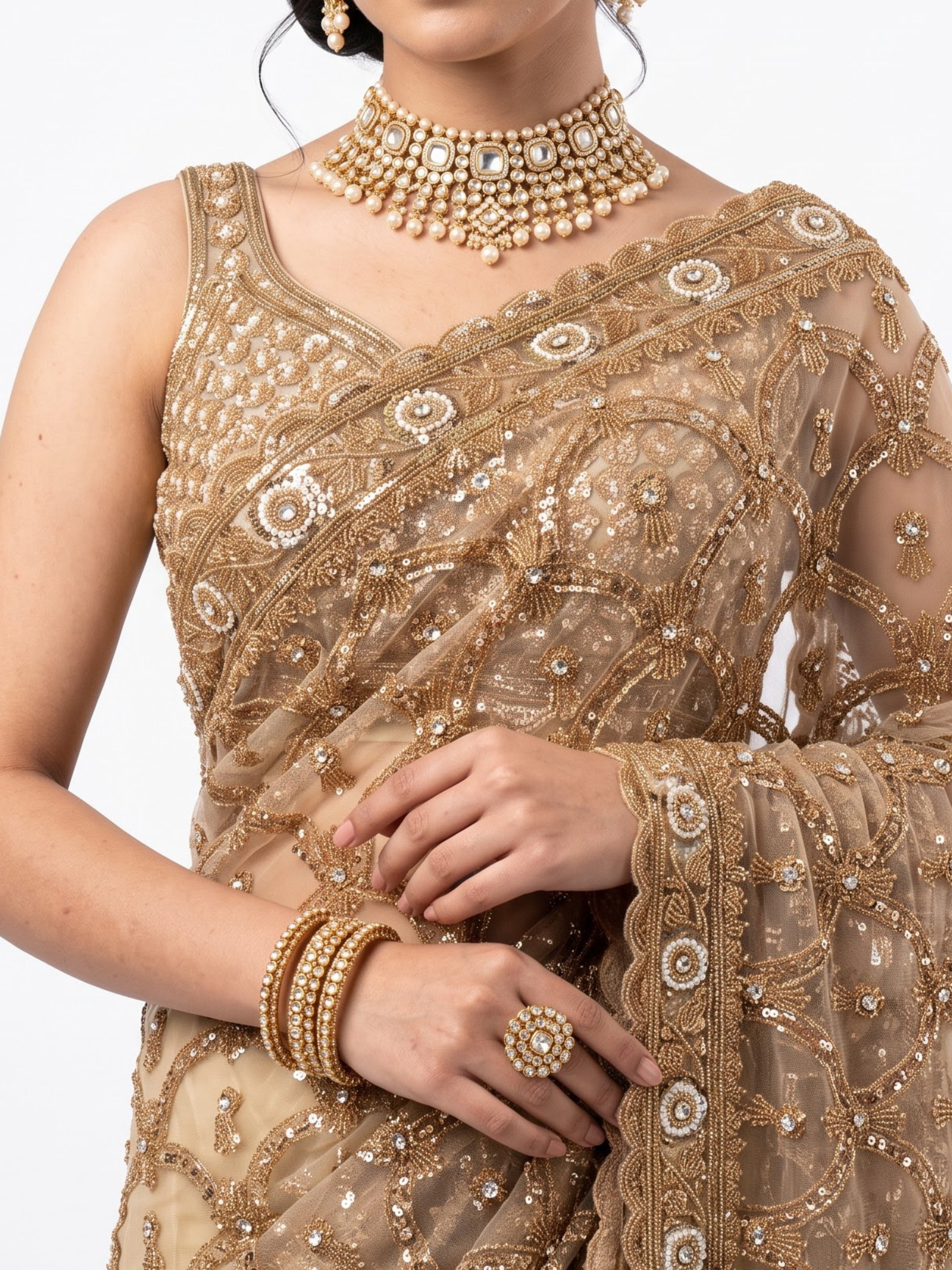Net Saree Embellished With Cutdana, Sequins & Pearl Work