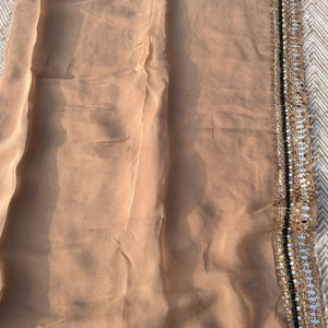 Beige Organza Saree & Net Blouse Embellished With Stone, Moti, Mirror & Kundan Work