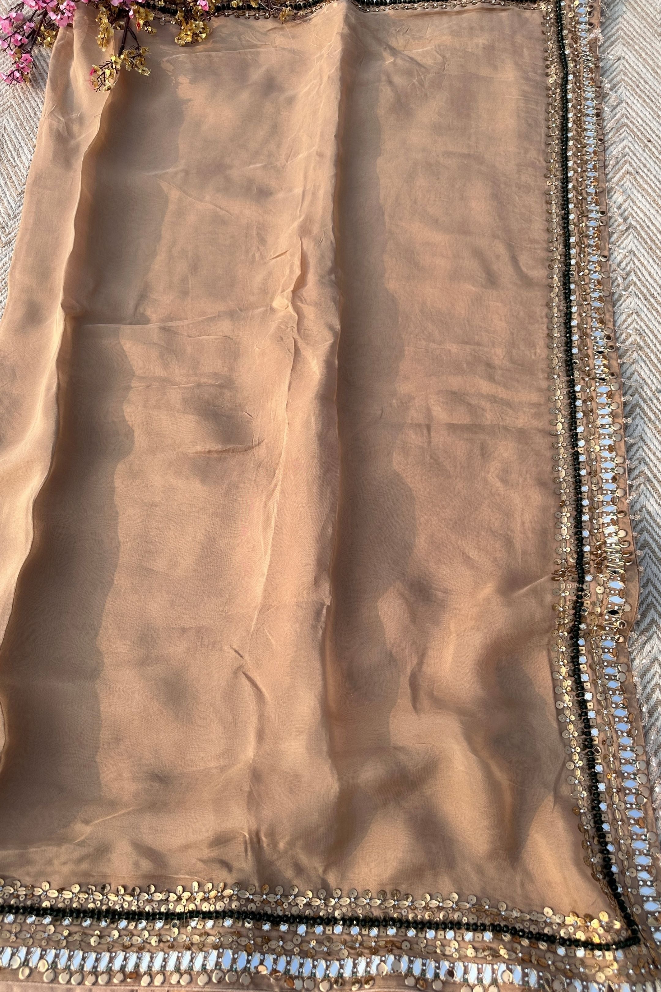 Beige Organza Saree & Net Blouse Embellished With Stone, Moti, Mirror & Kundan Work