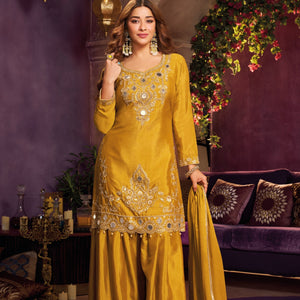 Yellow Chinon Suit Embellished With Cutdana, Sequins & Mirror Work