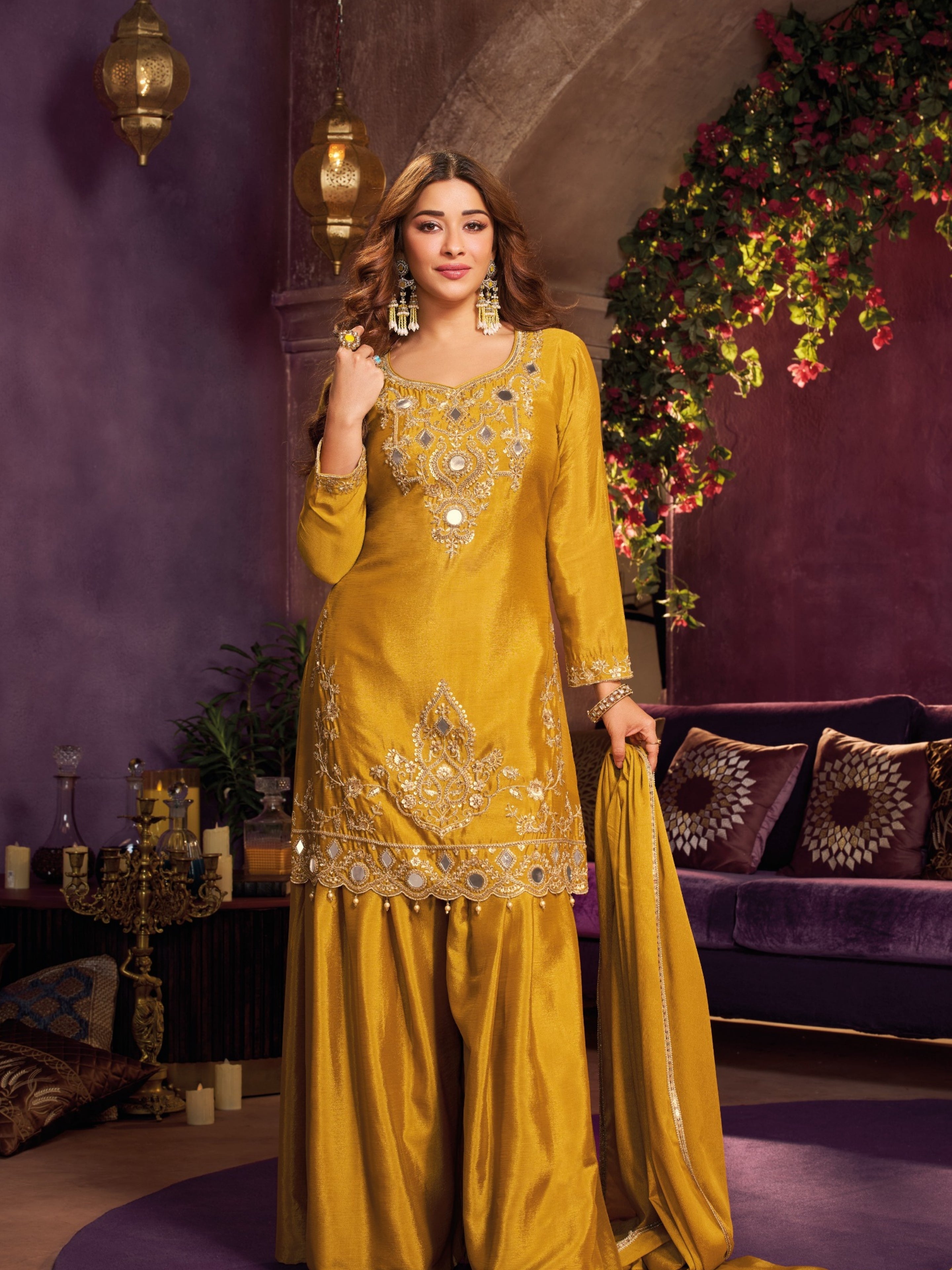Yellow Chinon Suit Embellished With Cutdana, Sequins & Mirror Work