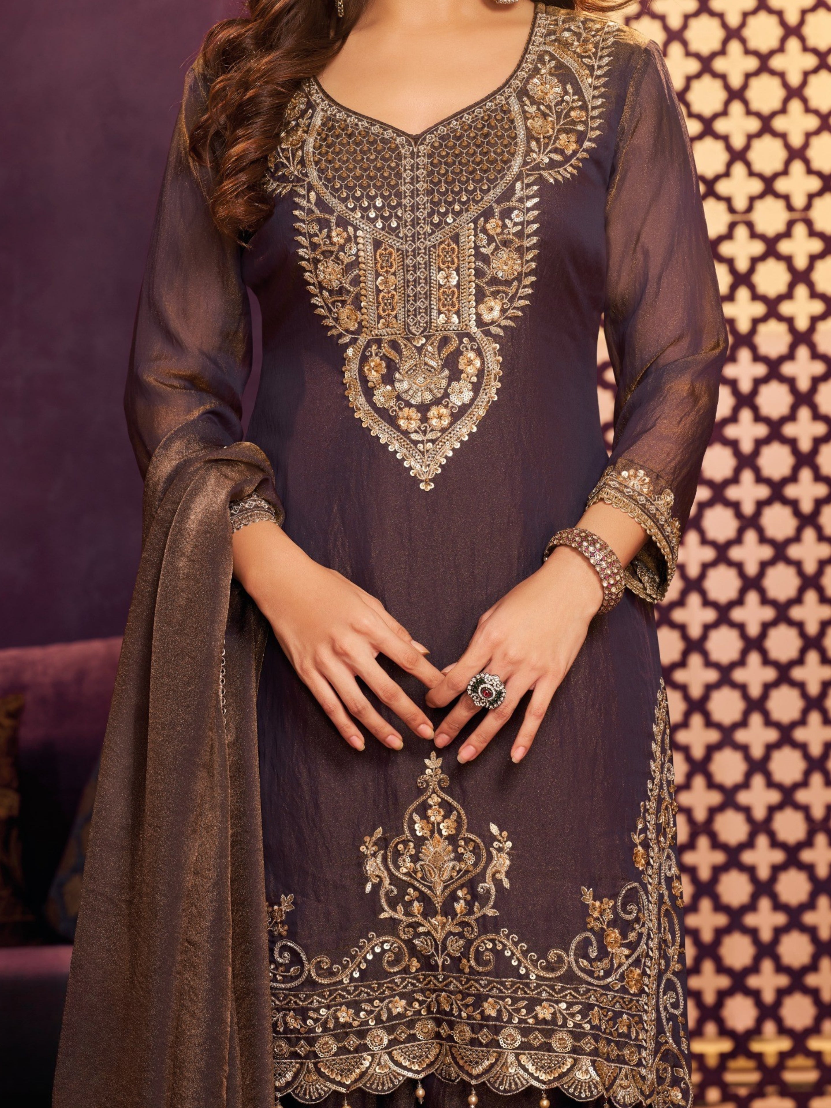 Navy Blue Tissue Suit, Farshi Salwar And Dupatta with Cutdana, Sequins and Zari Work