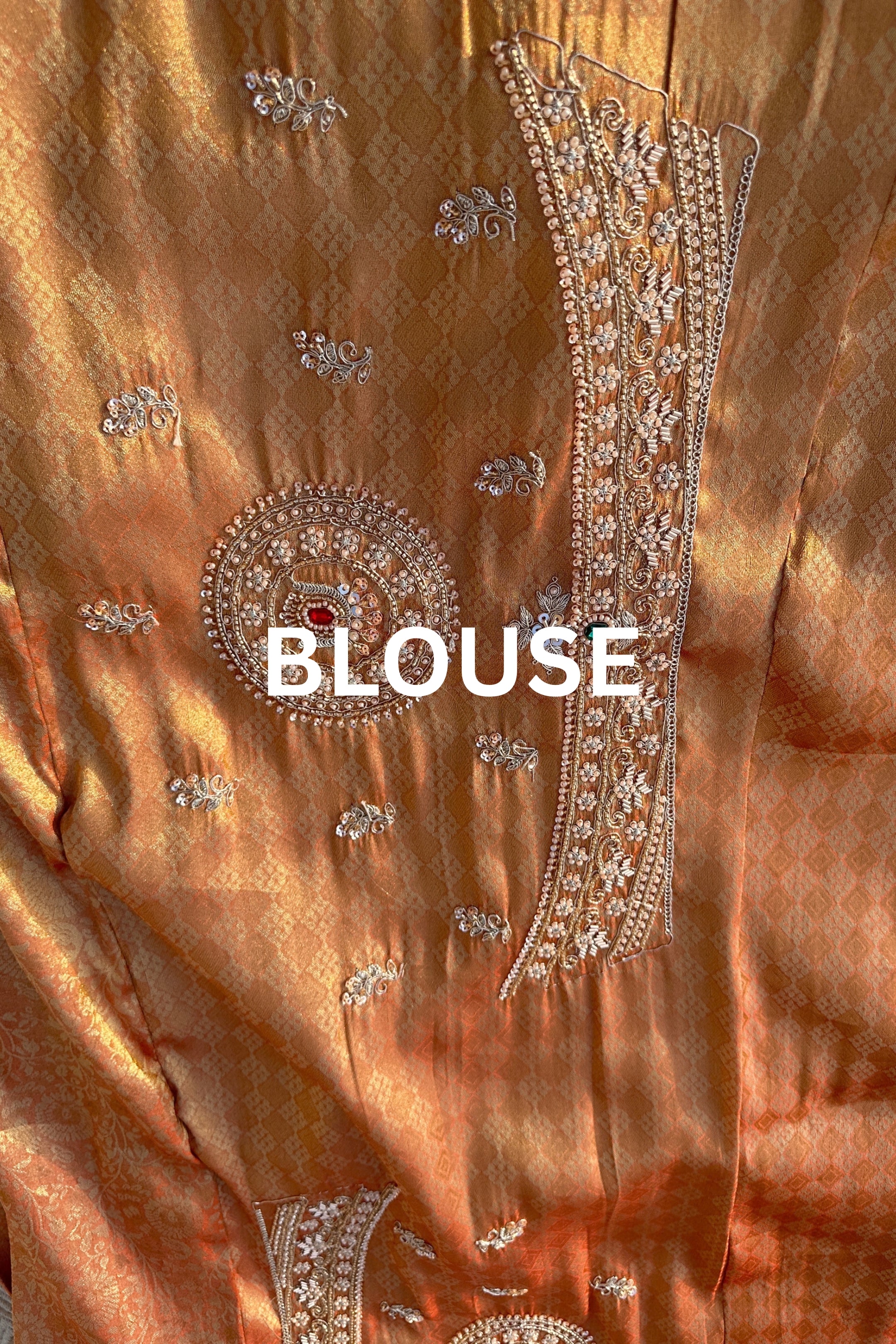 Rust Tissue Unstitched Saree Embellished With Moti, Sequins, Dabka & Cutdana