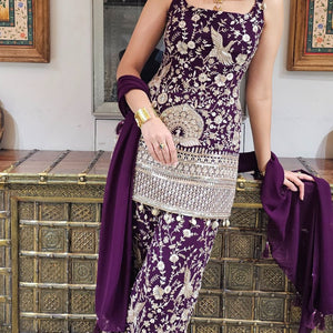 Purple Georgette Indowestern Top and Bottom with Resham,Cutdana, Pearl and Sequins Work and Dupatta