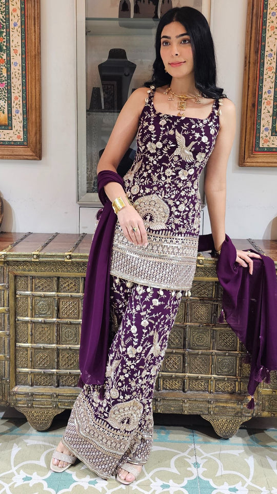 Purple Georgette Indowestern Top and Bottom with Resham,Cutdana, Pearl and Sequins Work and Dupatta
