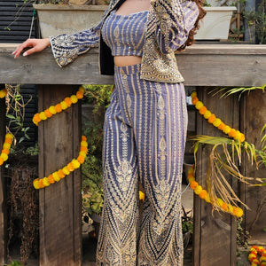 Navy Blue Georgette Indo-Western with Zari, Stone & Mirror Work