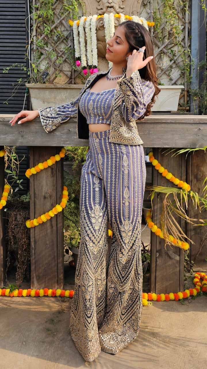 Navy Blue Georgette Indo-Western with Zari, Stone & Mirror Work