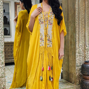 Yellow Chinon Indowestern Top,Jacket and Bottom with Resham Thread and Pearl Work