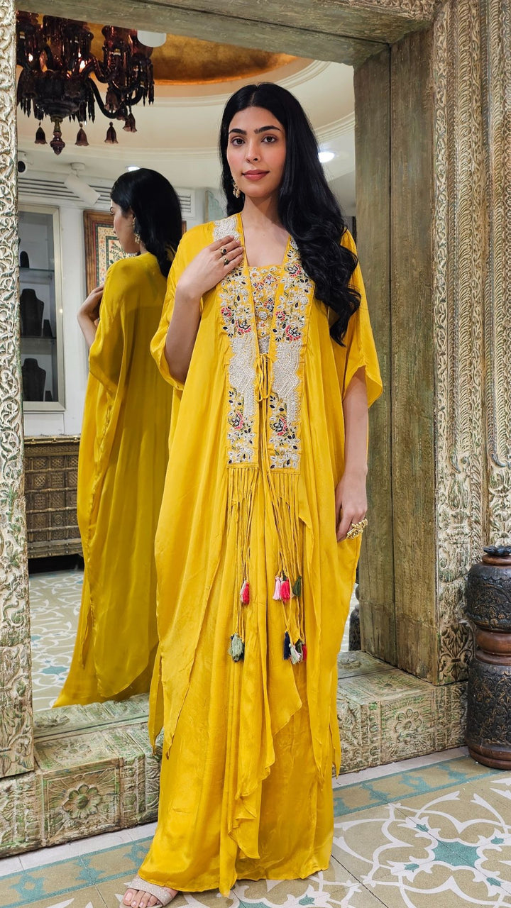 Yellow Chinon Indowestern Top,Jacket and Bottom with Resham Thread and Pearl Work