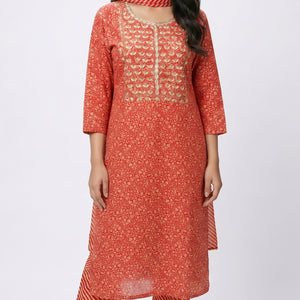 Red Muslin Block & Gold Print Suit with Dabka, Cutdana, Moti & Gota Patti Detailing