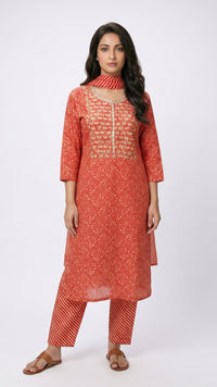 Red Muslin Block & Gold Print Suit with Dabka, Cutdana, Moti & Gota Patti Detailing