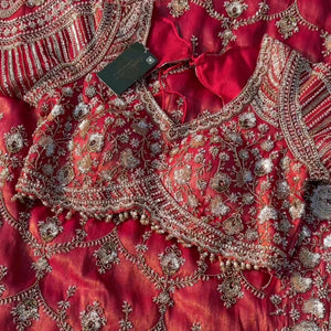 Red Tissue Saree With Moti, Cutdana & Sequins Work