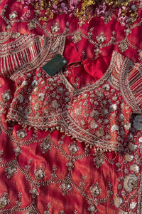 Red Tissue Saree With Moti, Cutdana & Sequins Work