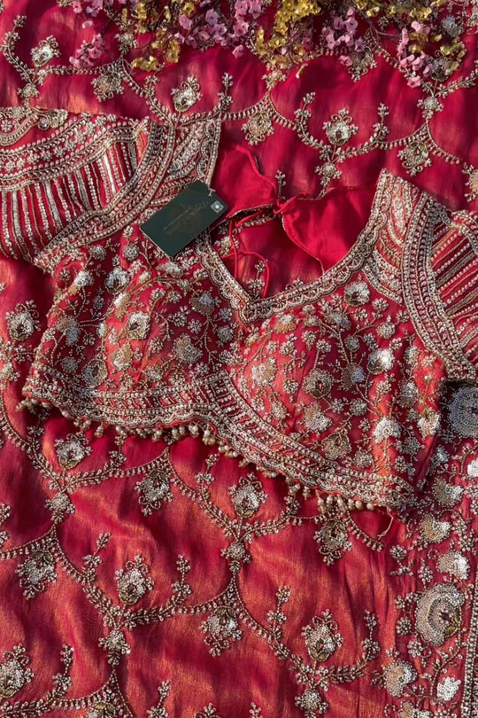 Red Tissue Saree With Moti, Cutdana & Sequins Work