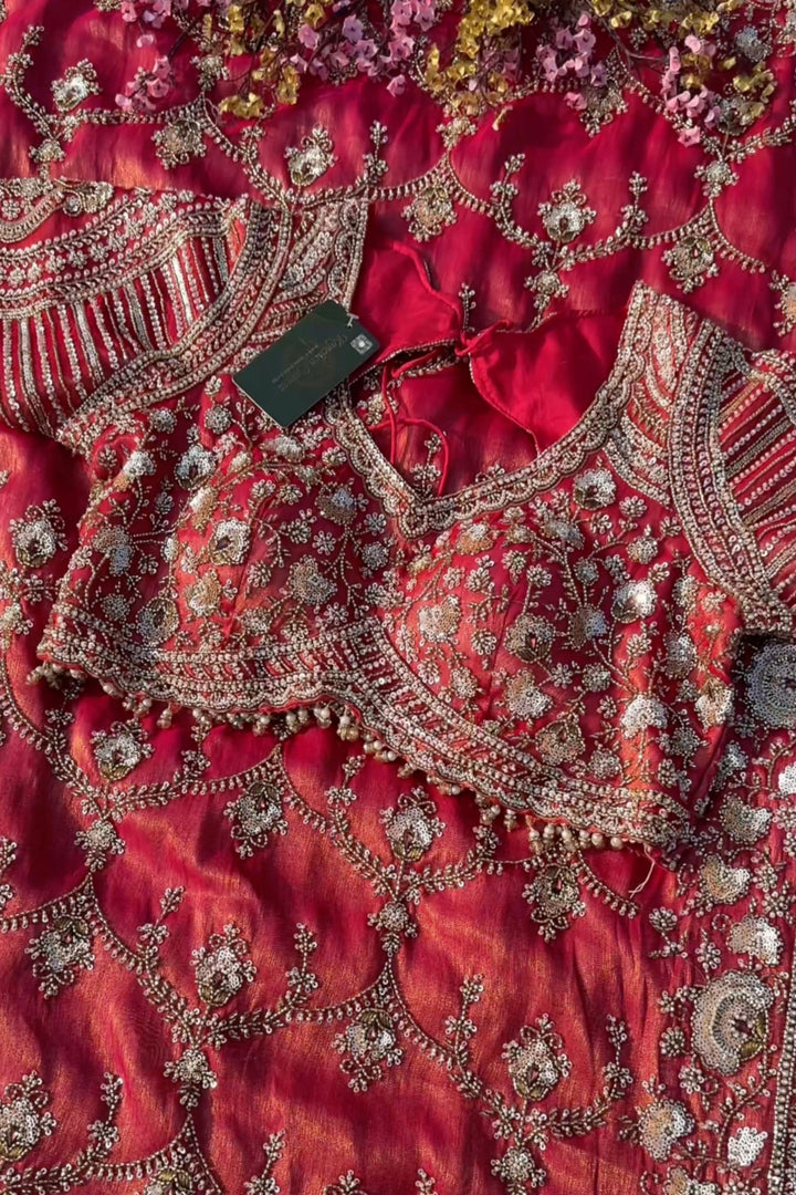 Red Tissue Saree With Moti, Cutdana & Sequins Work