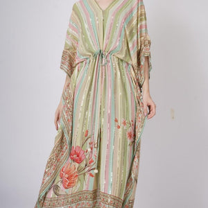 Multicolor Green Georgette Kaaftan with Mirror and Sequins Work