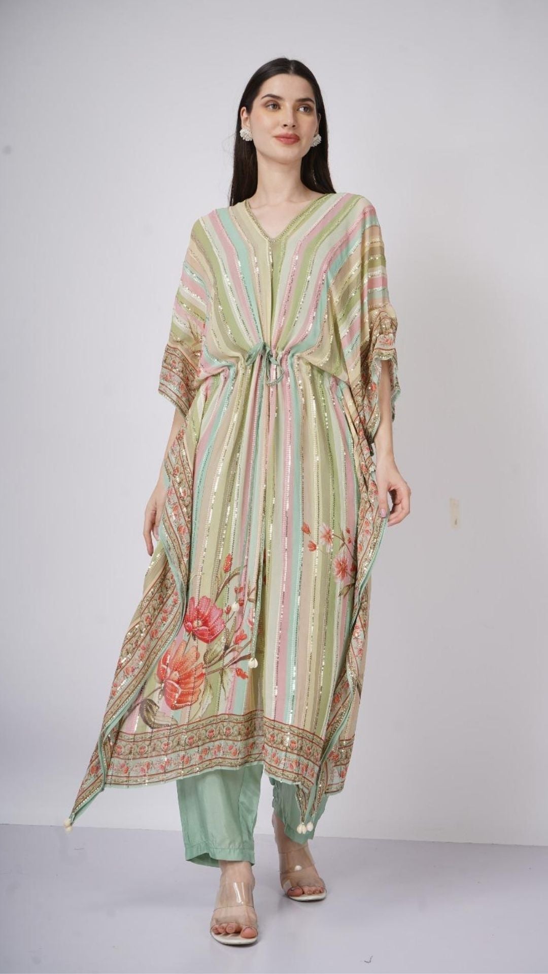 Multicolor Green Georgette Kaaftan with Mirror and Sequins Work