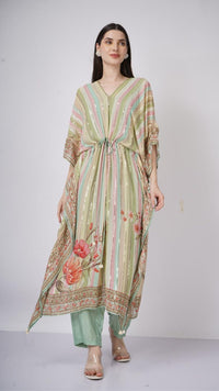 Multicolor Green Georgette Kaaftan with Mirror and Sequins Work