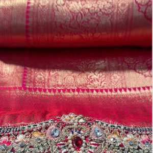 Rani Banarasi Silk Unstitched Saree with Dupatta Embellished with Thread & Stone Work