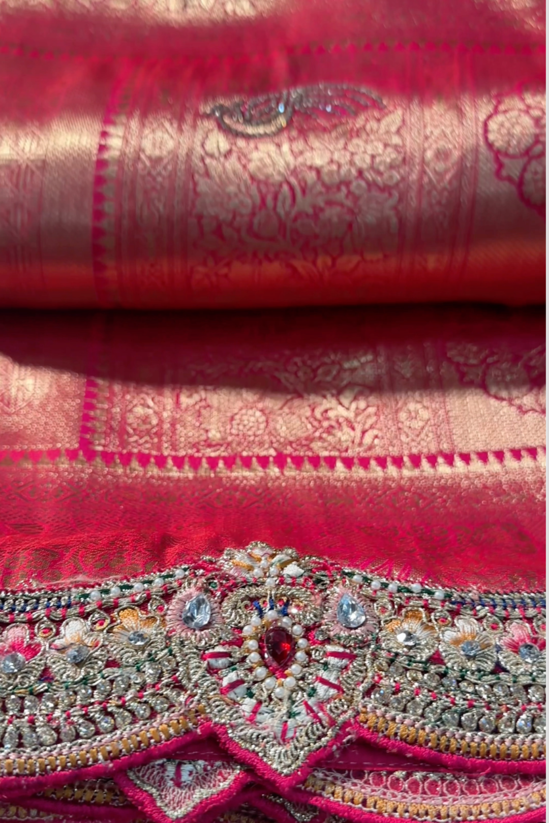 Rani Banarasi Silk Unstitched Saree with Dupatta Embellished with Thread & Stone Work