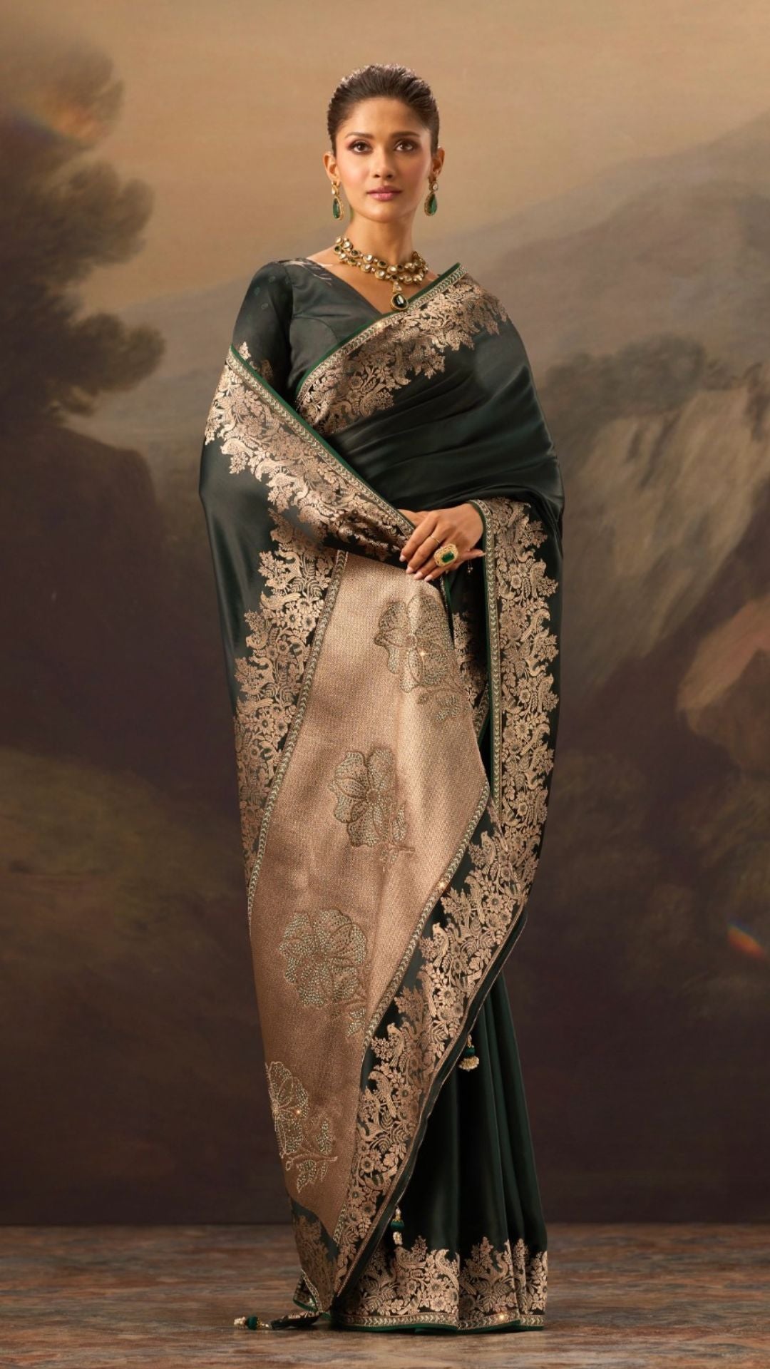 Dark Green Satin Saree With Swarovski Work