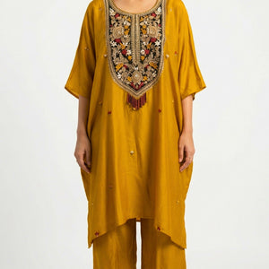 Mustard Dola Silk Coord Set with Zari, Sequins, Dabka and Thread Work