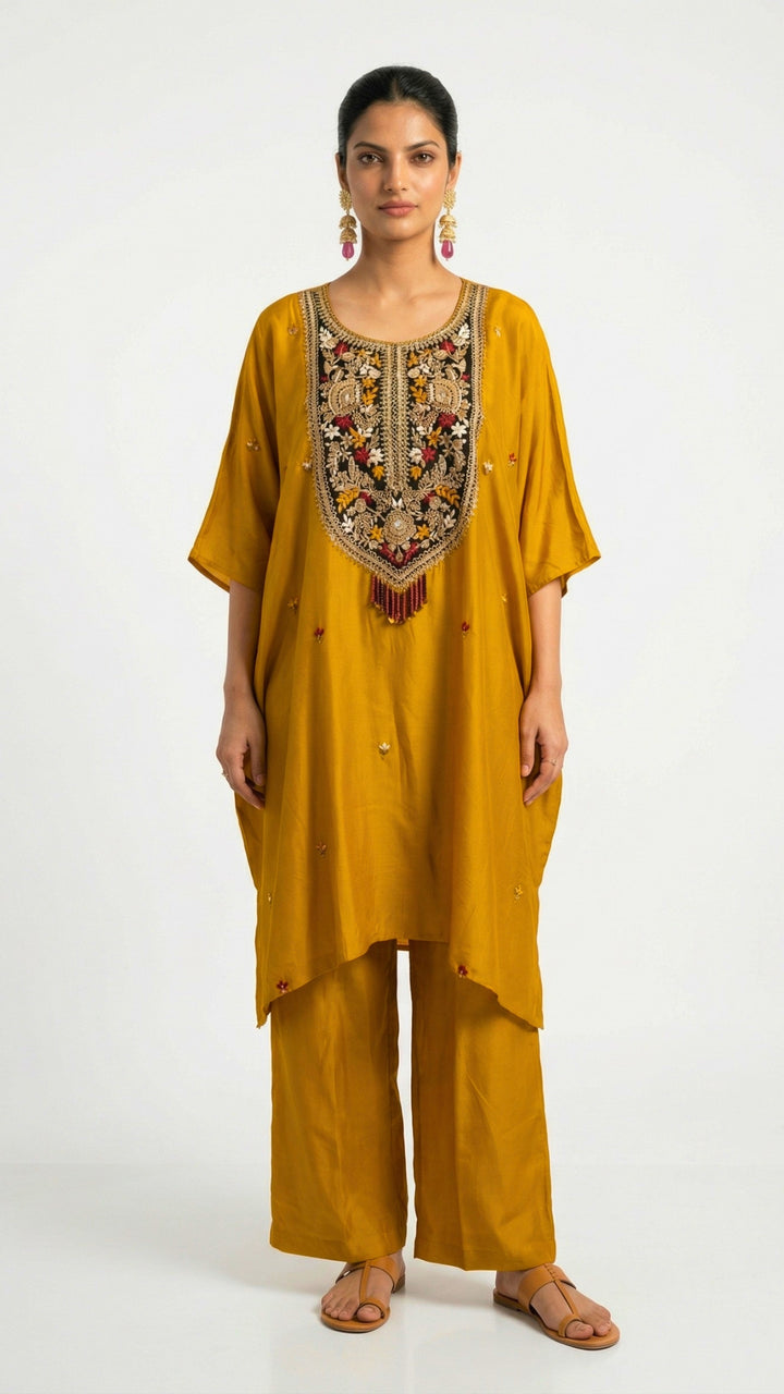 Mustard Dola Silk Coord Set with Zari, Sequins, Dabka and Thread Work