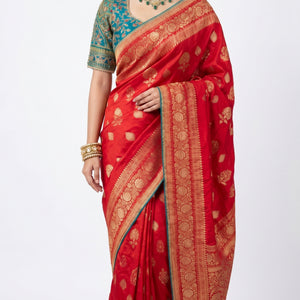 Red Banarasi Silk Saree with Stitched Blue Blouse and Weaving Work