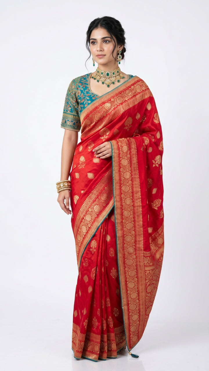 Red Banarasi Silk Saree with Stitched Blue Blouse and Weaving Work