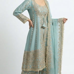 Turquoise Soft Organza Set with Gota Patti Detailing