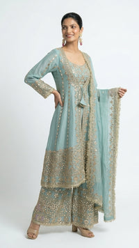 Turquoise Soft Organza Set with Gota Patti Detailing