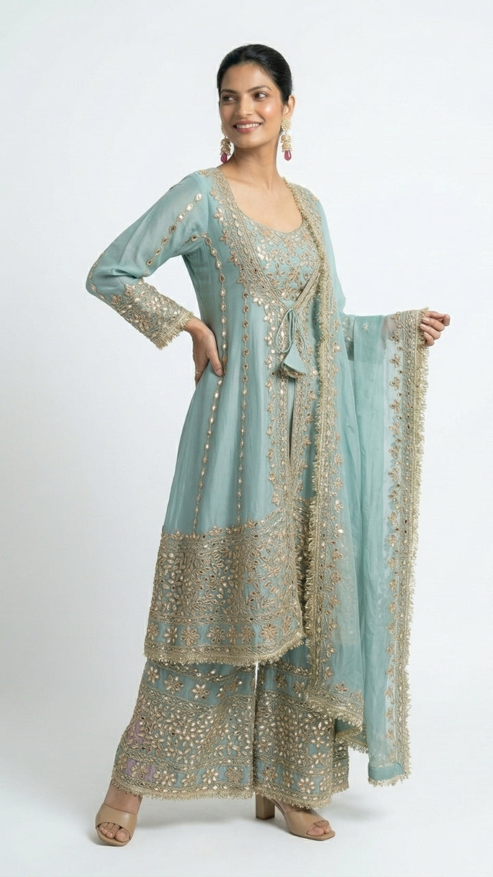 Turquoise Soft Organza Set with Gota Patti Detailing