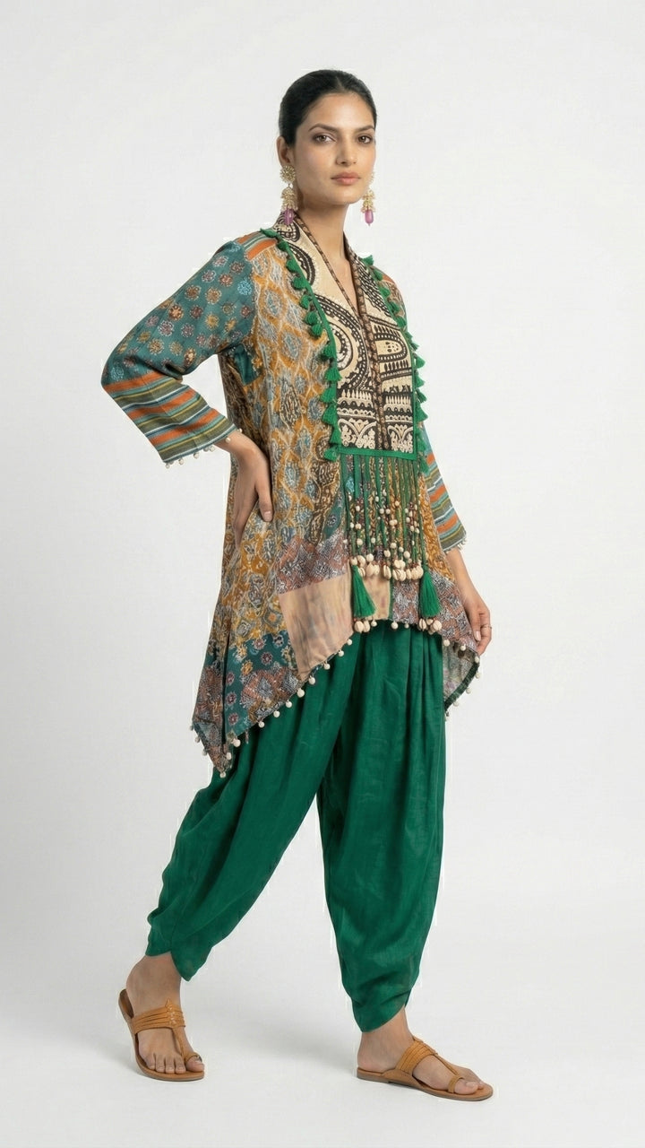 Emerald Green Crepe Coord Set with Dori & Moti Sippi Detailing