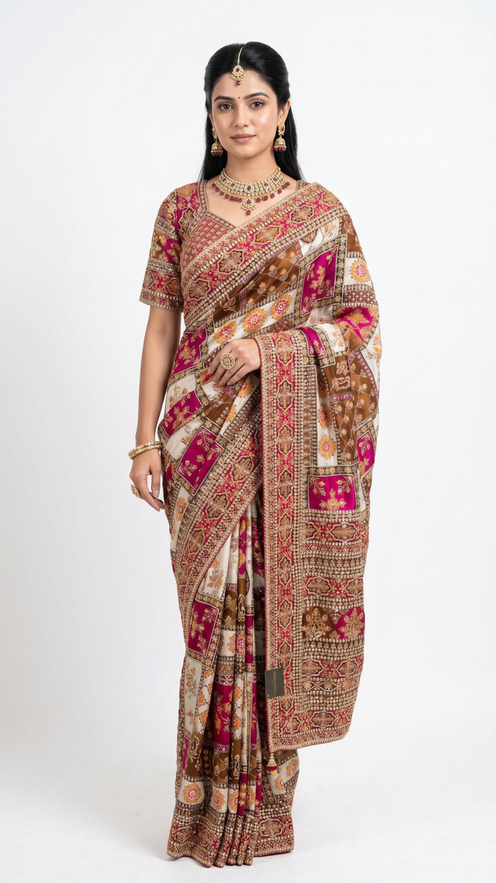 Maroon & Pink Banarasi Silk Saree with Heavy Zari and Sequins Work